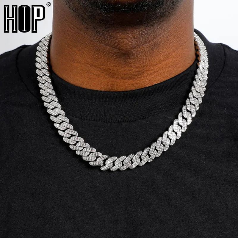 

Hip Hop 14MM 3 Row Baguette Brass Cubic Chain Necklace Zircon CZ Necklaces Bling For Men Women Jewelry