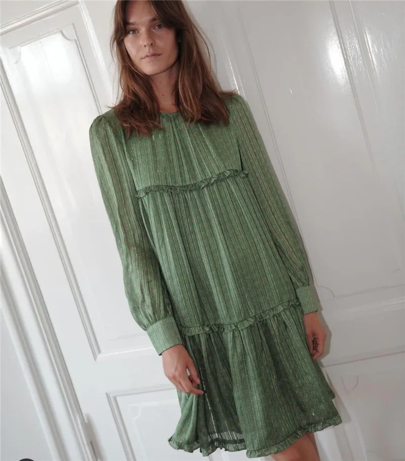 Женщины стоячий воротник Ruffle Trim круглое кольцо полосатый принт платье в зеленом