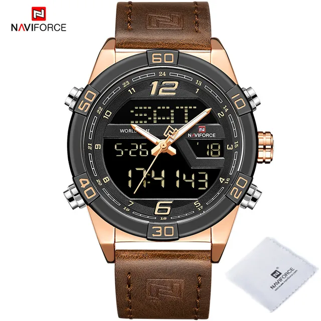 NAVIFORCE Luxury Gold Watches For Men Leather Band Waterproof Digital Alarm Sport WristWatch Man Military Dual Time Quartz Clock RGRGDBN