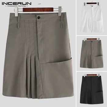 

Fashion Men Skirts Pants Casual Kilt Vintage Button Solid Color 2020 Pleated Skirts Trousers Men Pants Men Plus Size 5XL INCERUN
