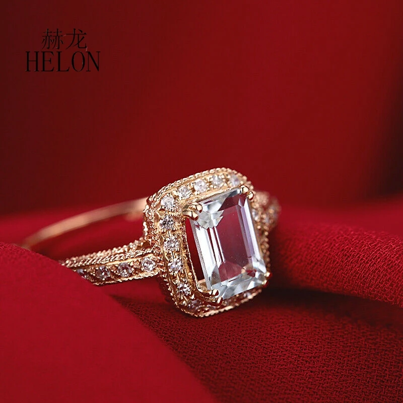 HELON Solid 14K белое золото Сертифицированный изумруд огранка 1.23ct Натуральный аквамарин алмаз женское кольцо для помолвки Свадебные Винтажные Украшения