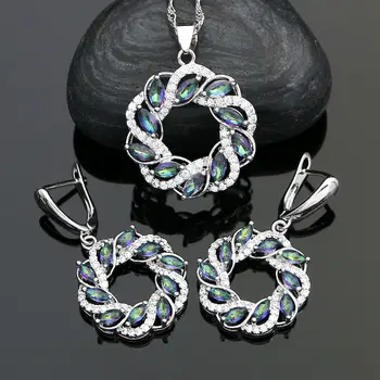 

Bridal 925 Silver Jewelry Sets Mystic Rainbow Cubic Zirconia for Women Wedding Accessories Earrings/Necklace/Pendant Set