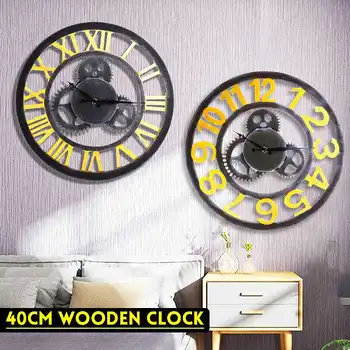 

Wooden Gear Wall Clock Hollow out Rome Digital Decorative Bell Vintage Large Wall Clock Restaurant Home Decor Gift 40cm