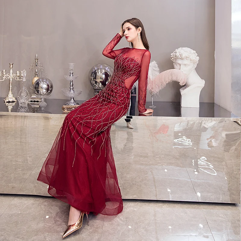 SSYFashion/Новое высококачественное бордовое вечернее платье русалки, роскошное вечернее платье с длинным рукавом, с блестками, с бисером, длина до пола, вечерние платья для выпускного вечера
