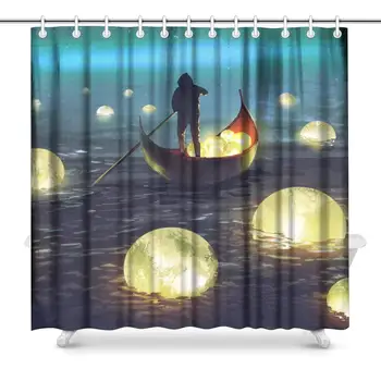 

Night Scenery of A Man in A Boat Among Glowing Moons On The Sea Waterproof Shower Curtain Decor, Fabric Bathroom Set with Hooks,