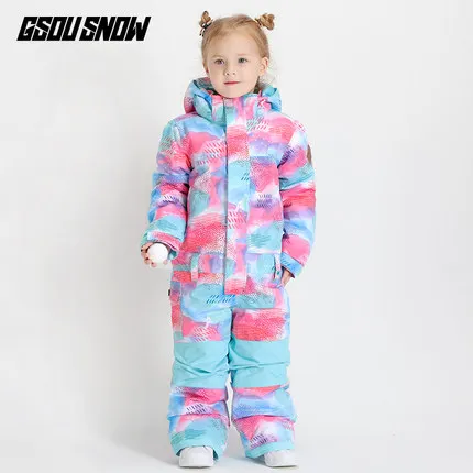 GSOU SNOW Kids One Piece Ski Suit Girls Snowboard Clothing Windproof Waterproof Super Warm Children Hooded Winter Jacket Overall