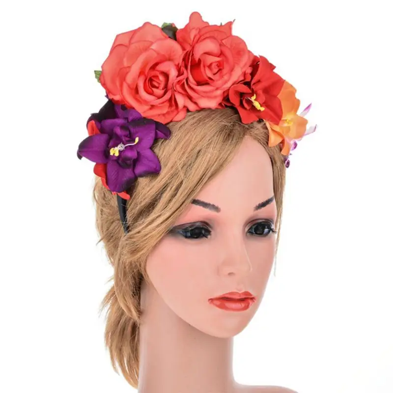 large hair clip Womens Mexican Simulated Rose Flower Crown Headband Day of The Dead Halloween Headpiece Colorful Fake Stamen Party Hair Hoop best hair clips