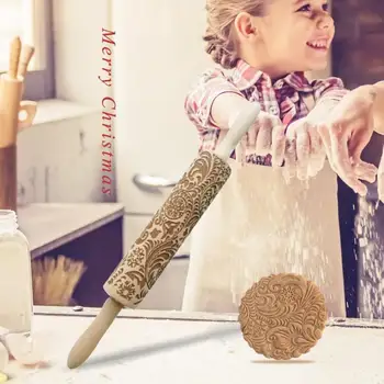 

Laser Embossing Rolling Pin Lotus Wooden Christmas Snowflake Flower Patterns Dough Engraved Roller DIY Kitchen Bakeware