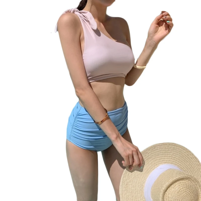 

High Waist Bikini Women One-shoulder Swimsuit Solid Ruched Knot Plain Biquini Crop Top Bikinis Push Up Bathing Suit 2019 New