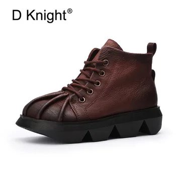 

Genuine Leather Thick Med Heel Motorcycle Boots Platform Vinatge Round Toe Lace Up Ankle Boots For Woman Shoes Handmade Winter