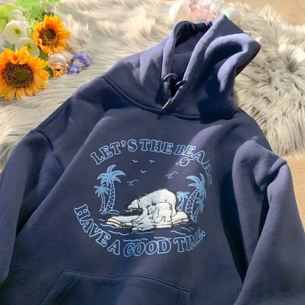 

Harajuku Brand Fashion Vintage White Blue Bear Embroidery Cartoon Hoodie Oversized Sweatshirt Casual Clothes for Teens Large 2XL