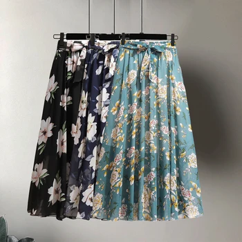 

Summer women vintage elegant Beach midi chiffon skirt with belt 2020 Casual high waist pleated skirts womens print skirts female