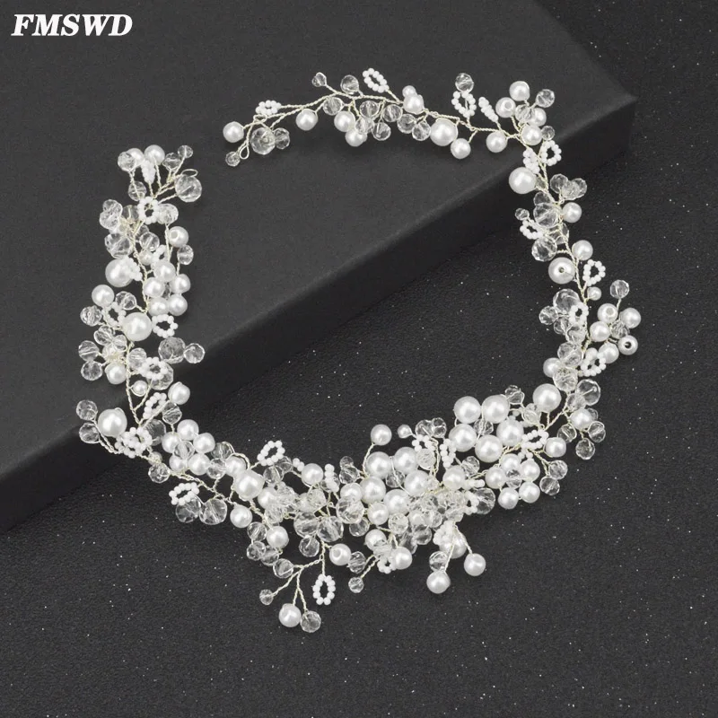 

FMSWD Luxury Silver Wedding Headband Pearl Hair Accessories Bridal Head Jewelry Handmade Crystal Ladies Headwear Hair Band FD016