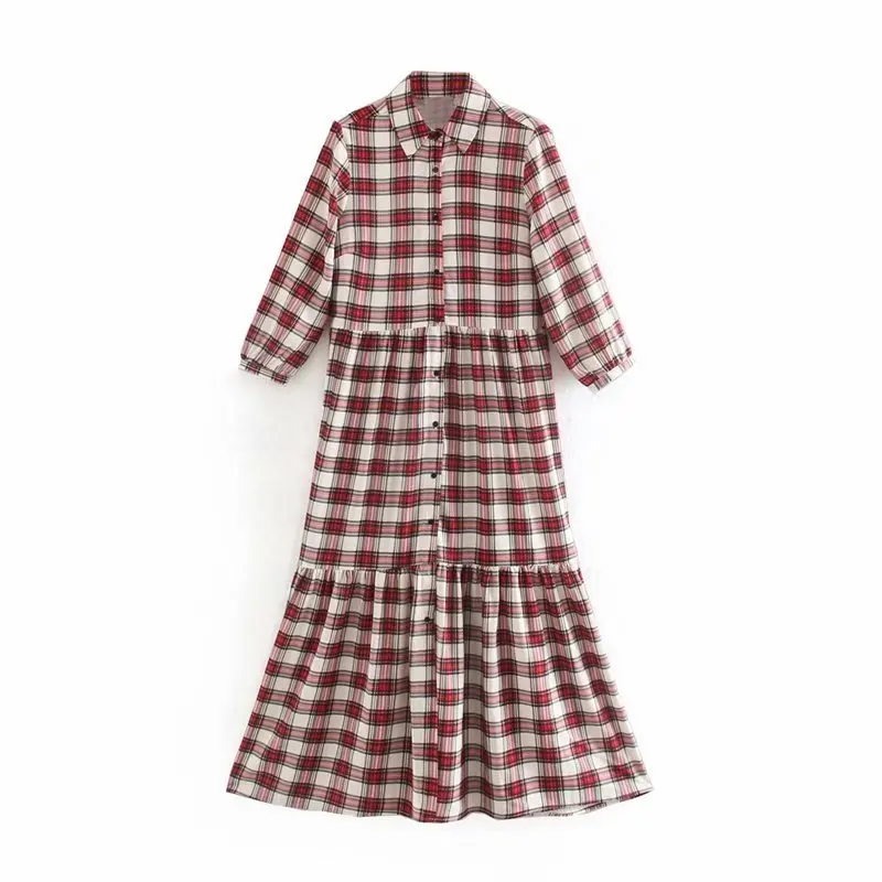

WOMEN'S Dress New Style Western Style Retro Check Print Fold-down Collar Single Breasted Shirt-Flounced Dress Women's