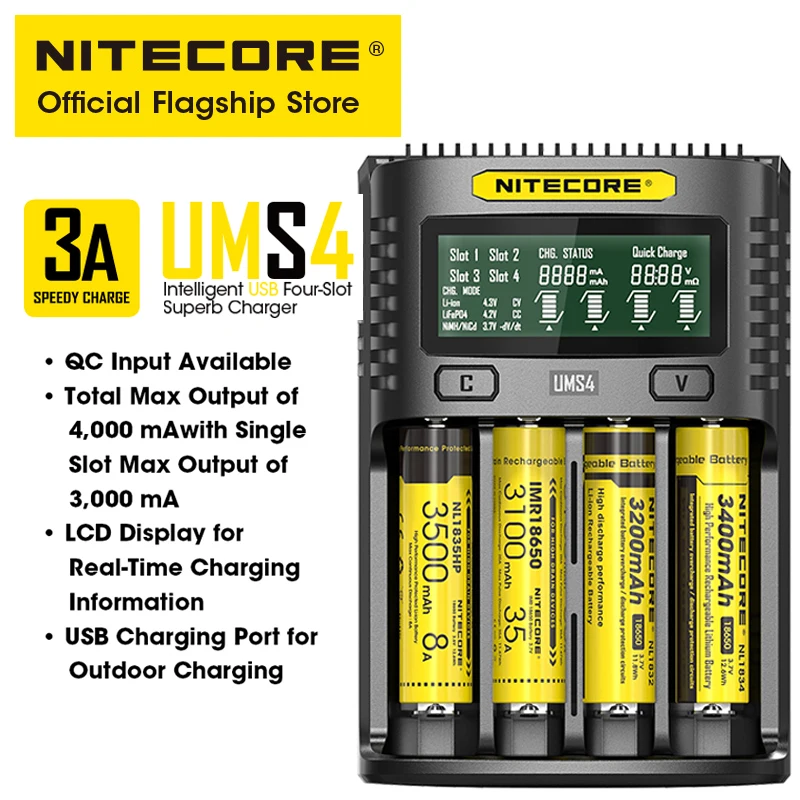 NITECORE UMS4 Quatre Fentes Intelligent Chargeur de Batterie USB-C 4A QC Charge Rapide Superbe Chargeur Pour 18650 14500 26650 21700 AA AAA
