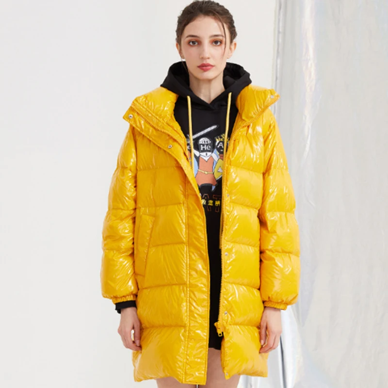 

2019 Medium Long Shiny Down Coat Ladies Down Jackets Women Winter White Duck Down Padding Warm Female Glossy Hooded Jackets