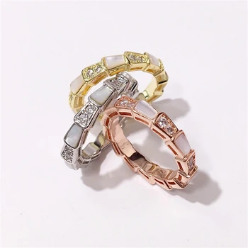 

Natural White Shell Mother Pearl CZ Stone Snake Luxury Ring Female Cubic Zircon Crystal White/Yellow/Rose Gold Color Women Rings