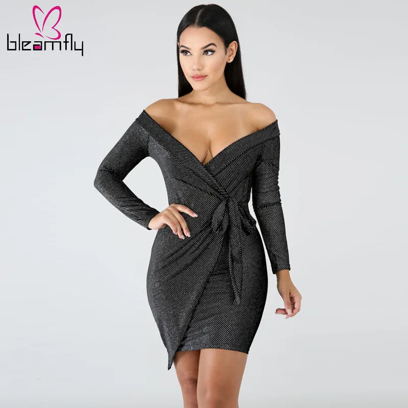 

Sexy Party Club Night Dress Printing V-neck Long Sleeve Tie Up Bodycon Mini Dresses Women Elegant Vestidos Autumn Skinny Robe