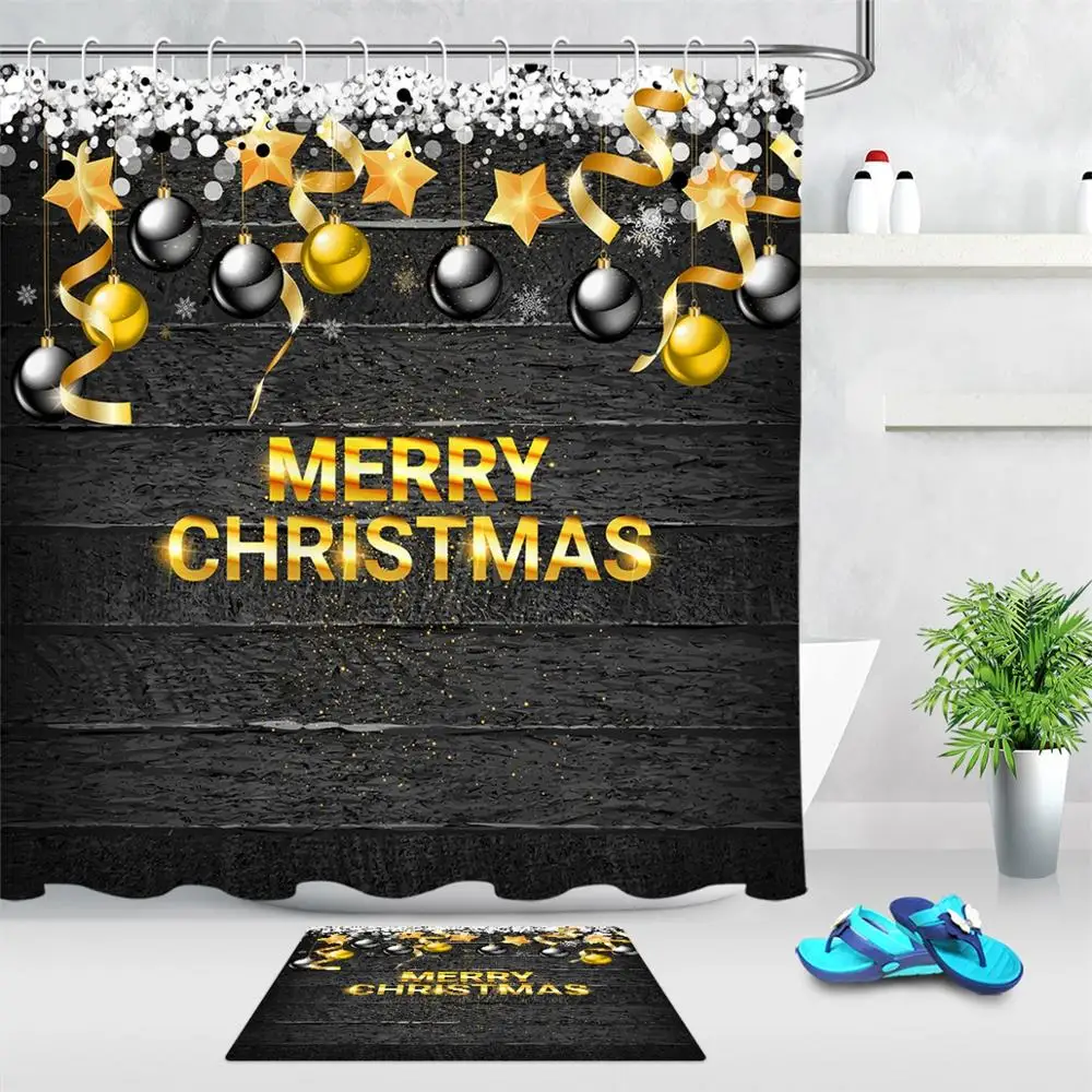Merry Christmas занавеска для душа в ванной, шар, снежинки, звезды, черная деревянная доска, водонепроницаемая полиэфирная ткань, занавеска для душа s