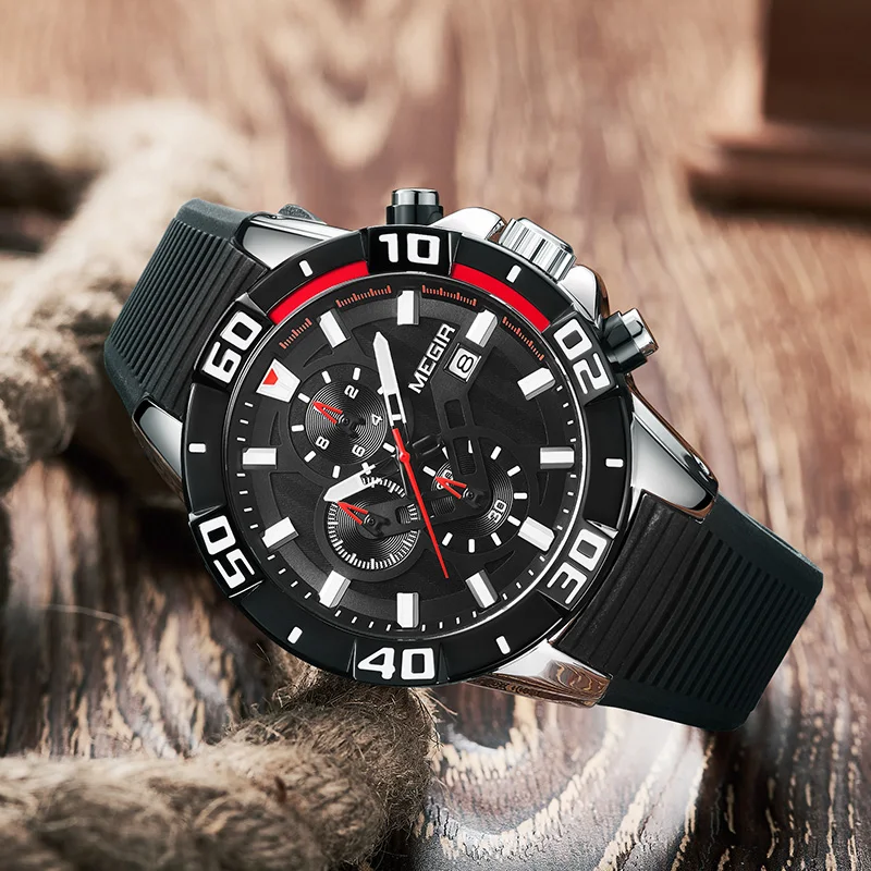  New MEGIR Chronograph Sports Watch Men Big Dial Waterproof Military Quartz Wrist Watch Man with Sil