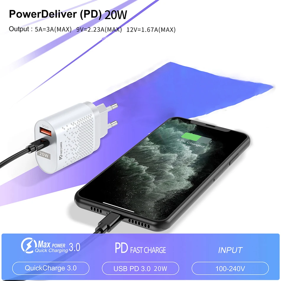 20W PD USB Wall Charger Dual Port USB Type C Fast Charging Adapter QC3.0 Mobile Phone Quick Charger For iPhone 12 11 Xiaomi 11 usb charger