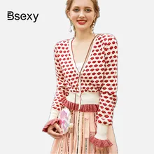 Женский кардиган, осень, v-образный вырез, длинный рукав, красные губы, жаккардовый кардиган до талии, вязаный Топ, короткие свитера, женский