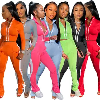 

Casual Sportsuit Set Zipper Coat + Long Pants Striped Fitness Sportwear High Waist Jogger Pant Suit Tracksuit Outfit