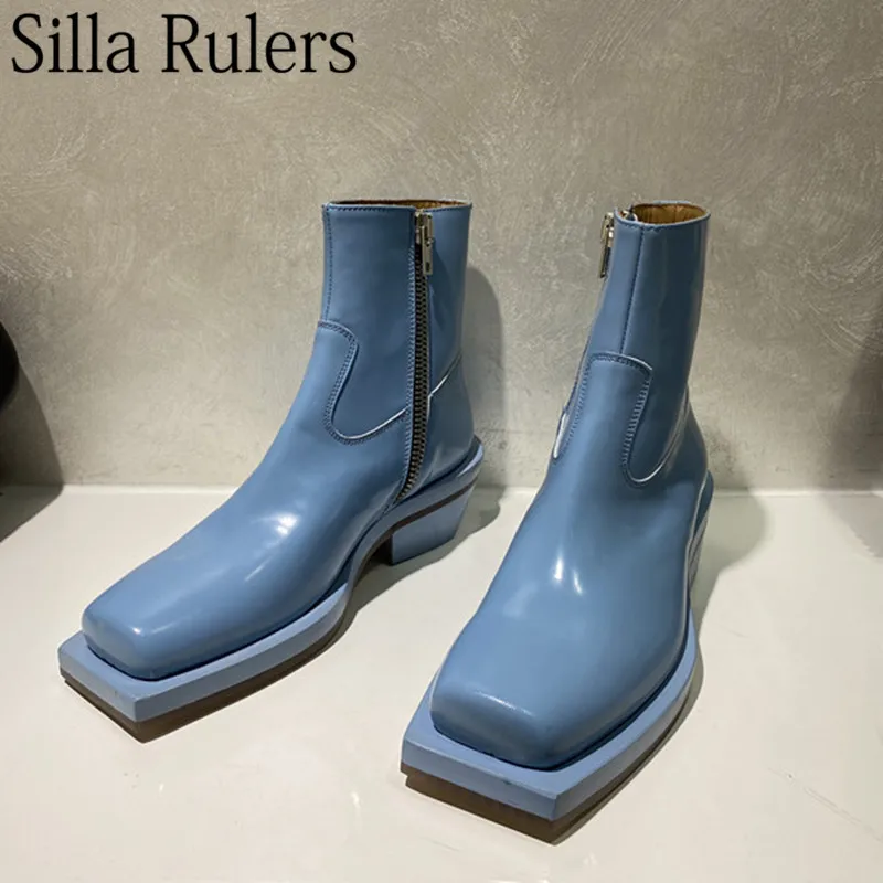 Botas de piel auténtica con punta cuadrada para mujer, botines de media  pantorrilla con suela gruesa azul, botas de invierno con cremallera -  AliExpress Calzado