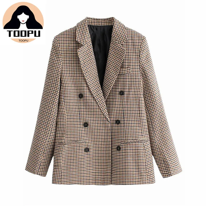 

Office Ladies Notched Collar Plaid Women Blazer Double Breasted Autumn Jacket 2020 Casual Pockets Female Suits Coat