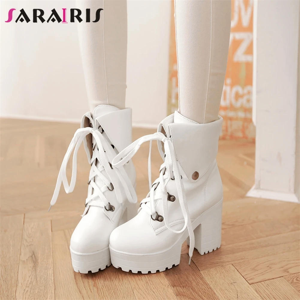 

SARAIRIS New 34-43 Black Platform Booties Ladies lace-up Decorating Ankle Boots Women 2020 Winter High Heels Shoes Woman