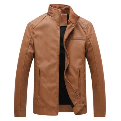 Зимняя куртка, Мужская кожаная куртка, Мужская Флисовая теплая подкладка, кожаное пальто для мужчин, стоячий воротник размера плюс L-6XL, мотоциклетная куртка для мужчин - Цвет: Brown