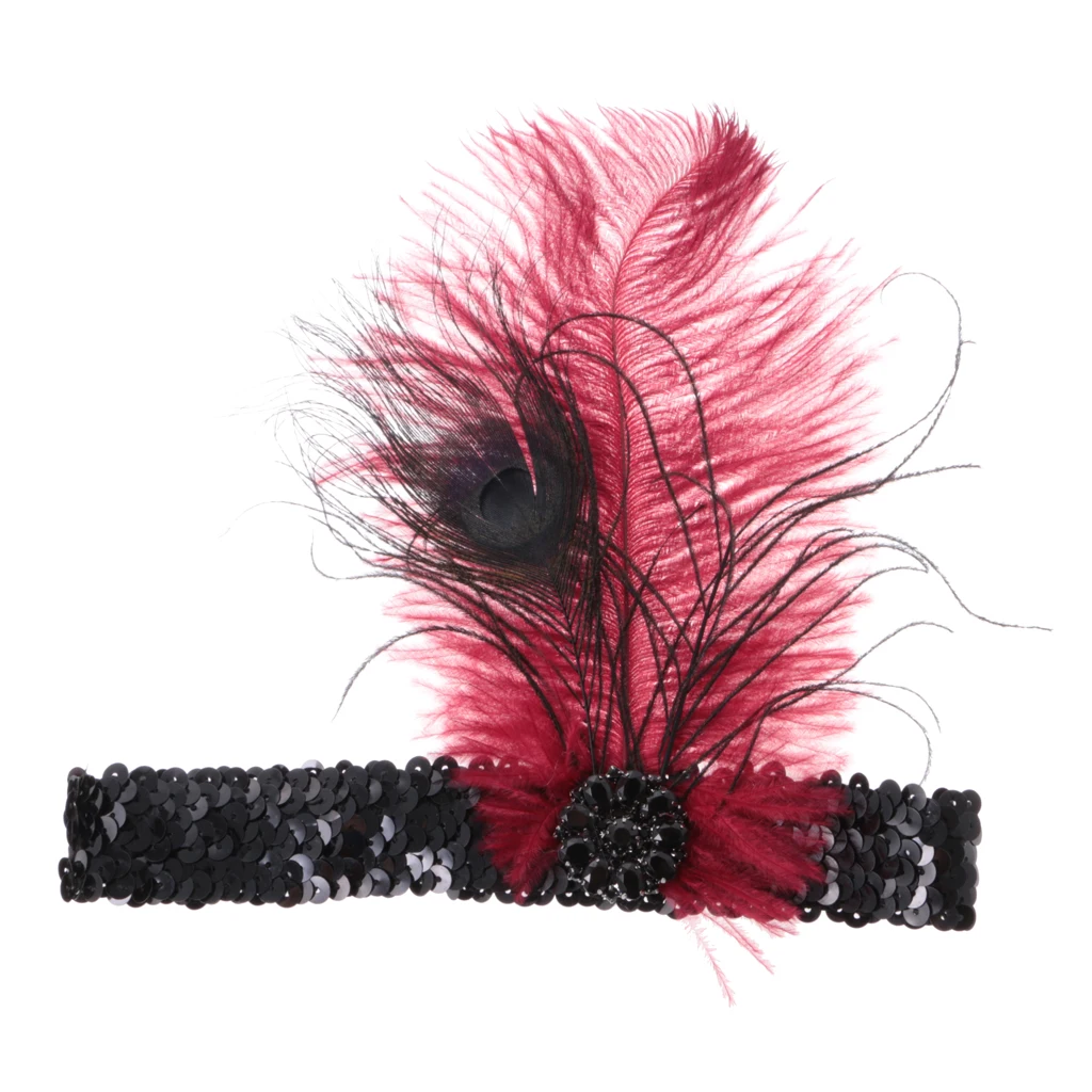 Wine Feather Flapper Headband 1920s Stretchy Headdress Charleston Headpiece