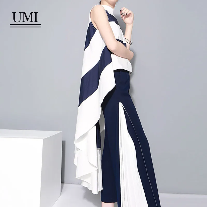 

2020 UMI Summer New womens tops Shirt Simple Fashion Black White Stitching Stripes Stand-up Collar Long Sleeveless Chiffon