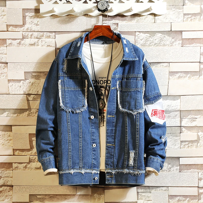 

Men 2020 Spring New Patchwork Denim Jacket Hollow Hole Casual Denim Jacket Fashion Patch Design Men's Street Casual Denim Jacket