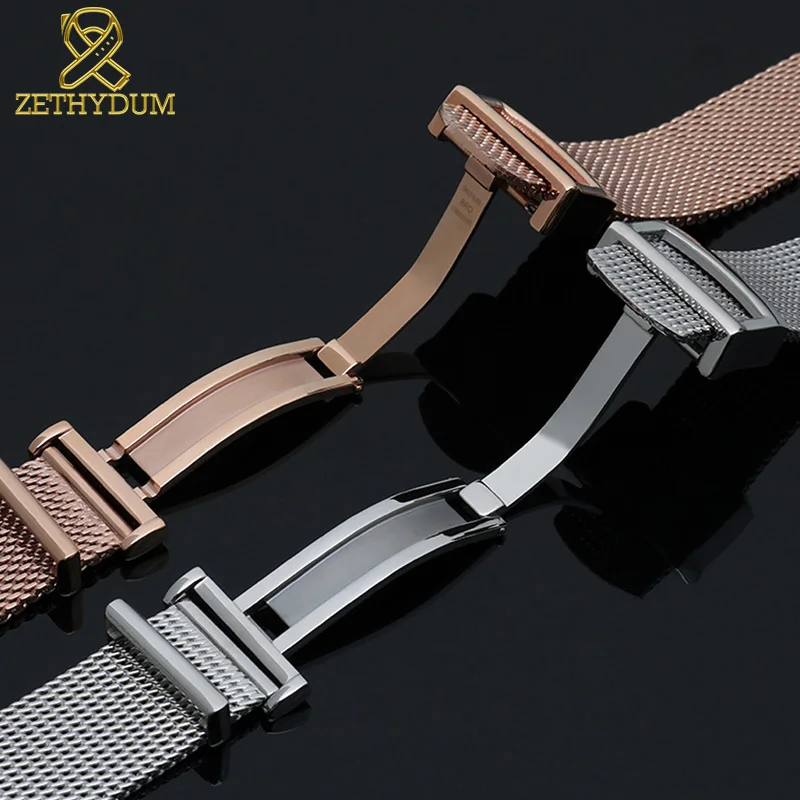 High quality 316L stainless steel mesh bracelet 20mm 22mm watchband fold buckle solid metal band steel strap rose gold color
