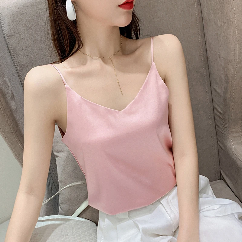 Korean Silk Women Tops Camisole Women Silk Sleeveless Basic Top Camis Sexy Satin Halter Top Plus Size XXXL Woman Satin Camisole
