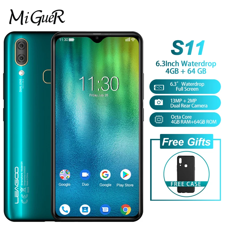 

LEAGOO S11 Android 9.0 Mobile Phone 4GB 64GB 6.3" Waterdrop Display Helio P22 Octa Core 13MP Dual Camera Fingerprint Smartphone