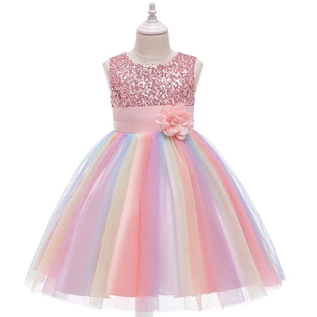 

Girl Sequins Rainbow Princess Dress Children Summer Tutu Floral Dresses For Girl Birthday Party Kids Lace Gown Vestidos Clothing