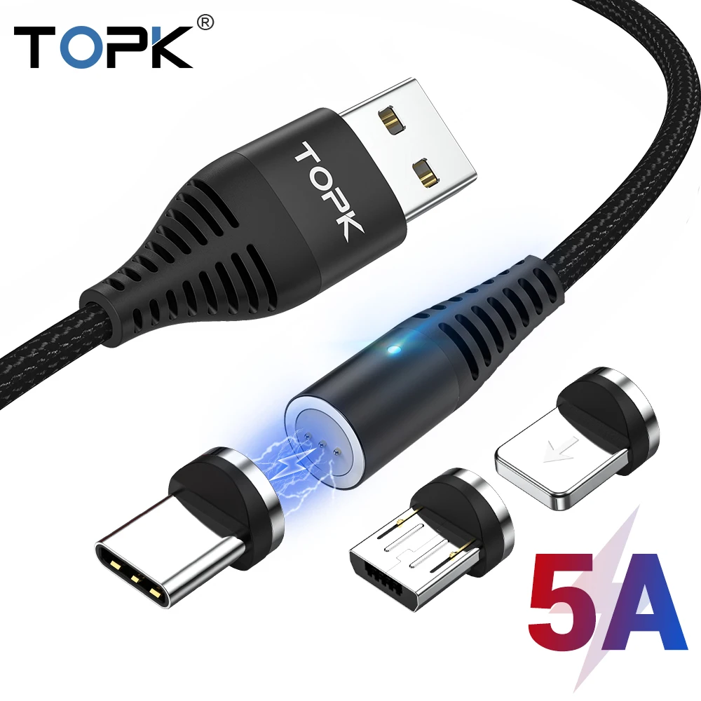 Магнитный usb-кабель TOPK 5A для быстрой зарядки, кабель USB type-C, Магнитный зарядный кабель Micro usb для iPhone X, samsung, Xiaomi