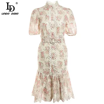 

LD LINDA DELLA Fashion Runway Summer Dress Women Stand collar Hollow Out Lace Flowers Embroidery Ruffles Vintage Midi Dresses