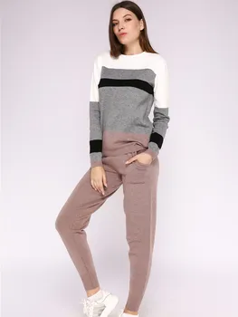 

O-Neck Striped Pullover Sweater Drawstring Pants Women Two Piece Sets Autumn Winter Knitted Tracksuit Female conjunto feminino