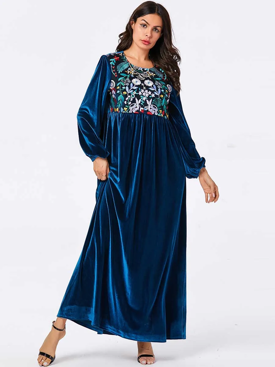 Мусульманское платье, мусульманская одежда, голубое вышитое растение, кафтан Marocain abaya Femme Musulman Robe, арабское Повседневное платье - Цвет: as picture
