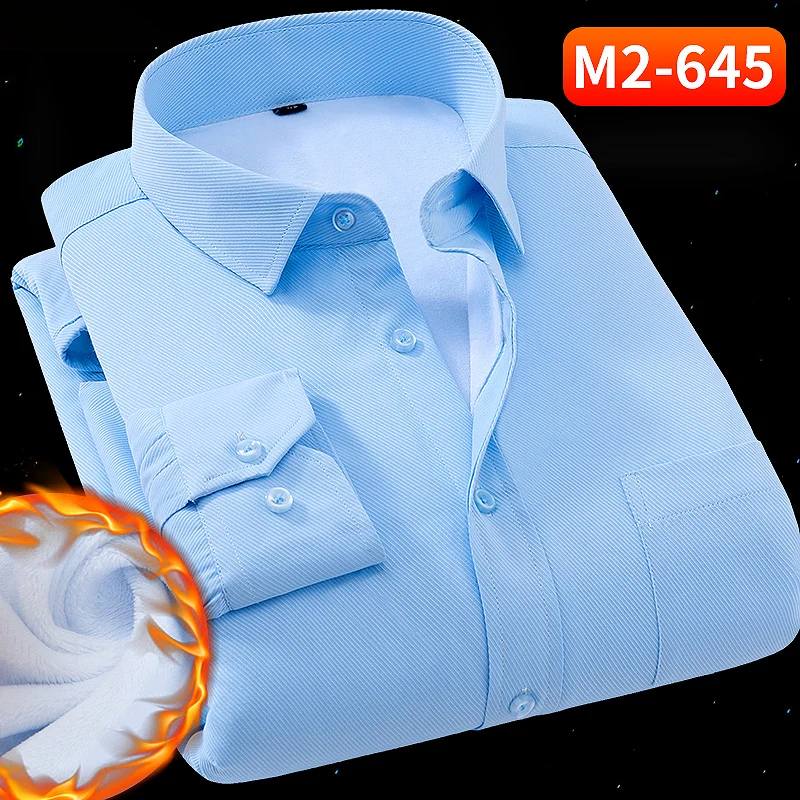 Blue Теплые зимние мужские рубашки плюс бархатная рубашка мужские деловые рубашки корейский Тонкий сплошной цвет Большие размеры 8XL 7XL 6XL - Цвет: Blue