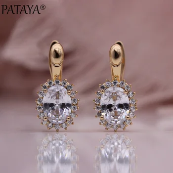 

PATAYA New Oval Natural Zircon Micro-wax Inlay Earrings 585 Rose Gold Women Hollow Dangle Earrings Luxury Party Fashion Jewelry