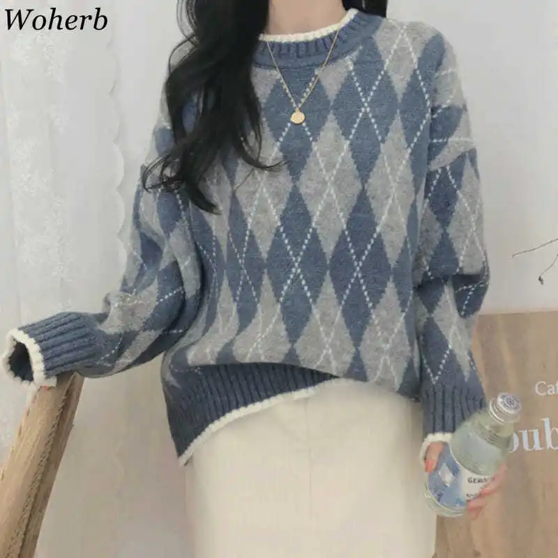 Woherb Pull Femme корейский винтажный свитер женский клетчатый пуловер с длинным рукавом повседневные свободные Джемперы Осень Зима Новая мода 91068