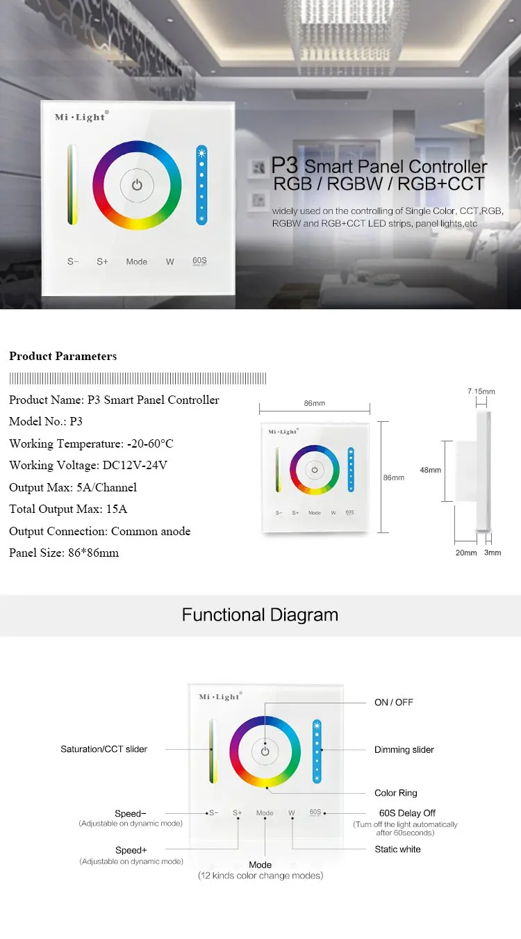 Mi. Light P3 настенный полный контроллер сенсорной панели для 3528 5050 2835 RGB RGBW RGB+ с регулируемой яркостью изменение цвета светодиодный jk119