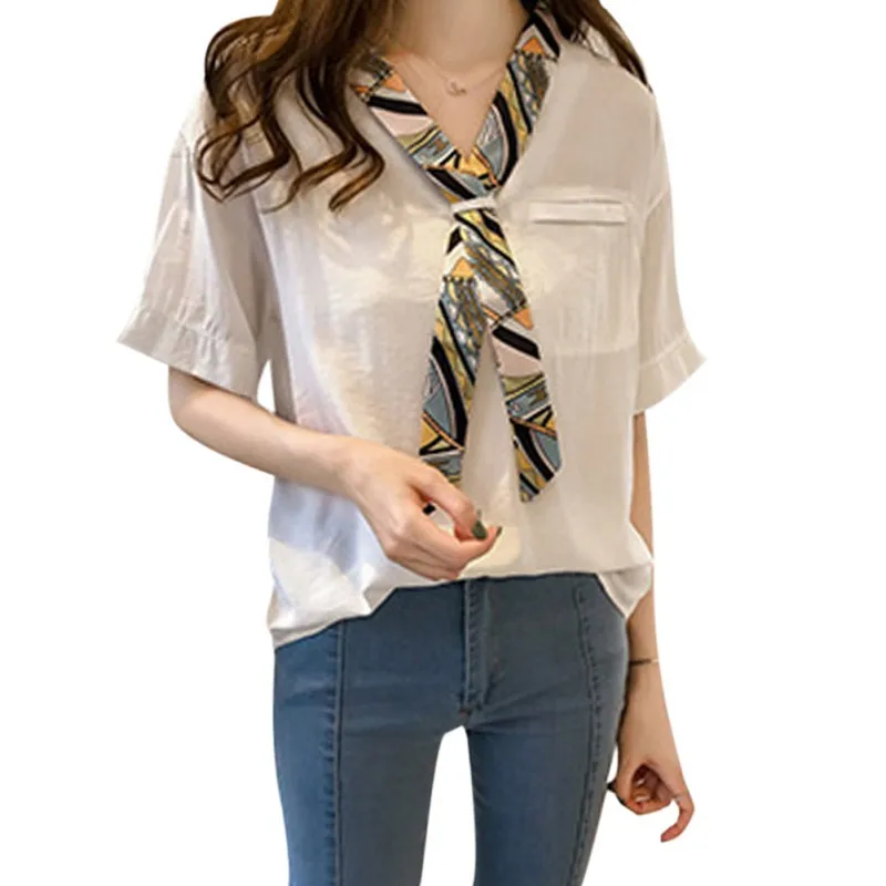 Casual Lovely T-shirt Stitching Collar Bow Tie Shirt Cotton College Style Five-point Sleeve Loose Thin T-Shirt | Женская одежда