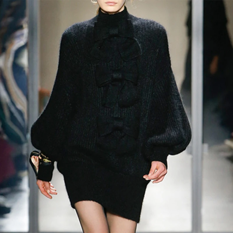 

Solid Knitting Sweater Dress Women Turtleneck Lantern Sleeve Bowknot Patchwork Autumn Dresses Female 2019 Tide