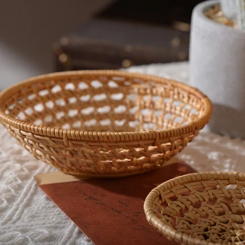 

Woven Hollow Storage Tray Round Rattan Bread Basket Food Serving Platter Tea Tray Kitchen Organizer