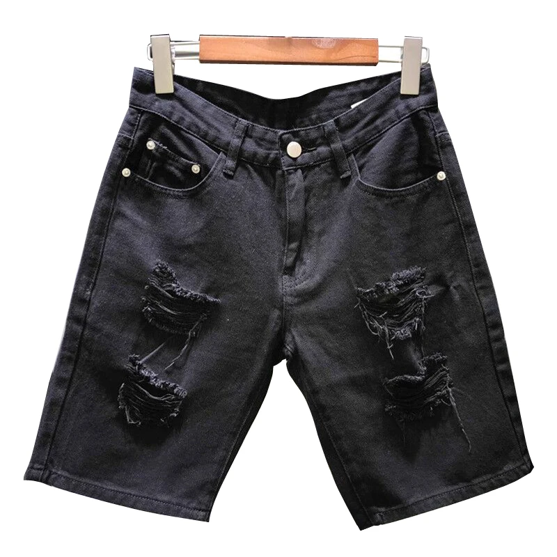 Summer white & black &Khaki Men Ripped Loose Straight Jeans Short Fashion Hip hop Bermuda Holes Casual Denim Cargo shorts